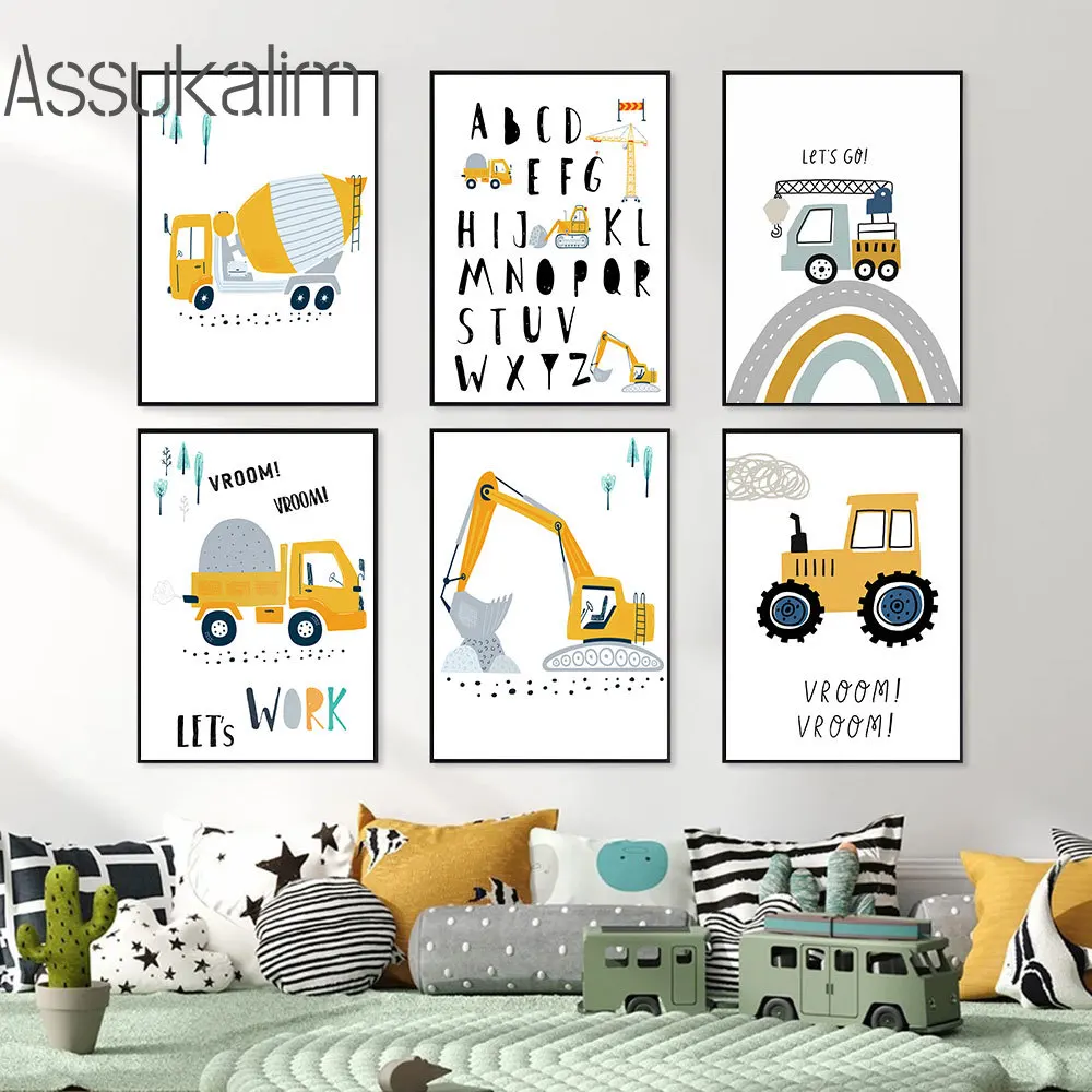 Car Posters Tractor Art Prints Excavator Wall Art Truck Wall Pictures Alphabet Wall Poster Nursery Child Poster Boy Room Decor