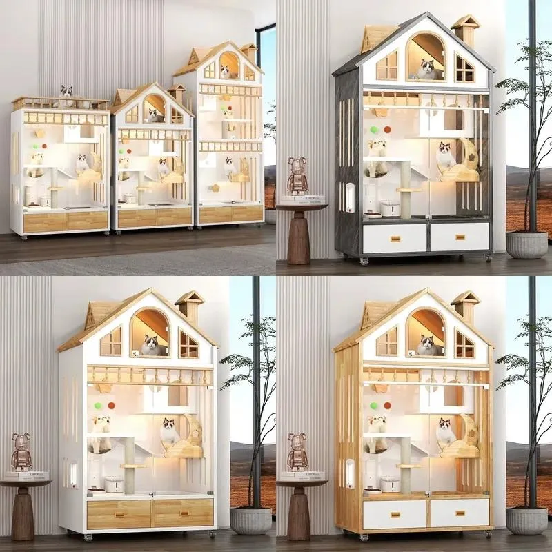 Customizable Indoor Cat House Elegant Pet Villa Large Panoramic Nest LED Cage Tip Counter Display
