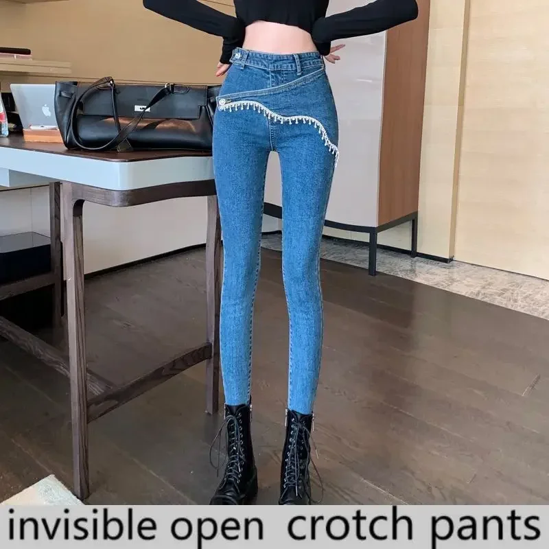 High Waist Jeans Women's Spring Oblique Buckle Asymmetric Large Size Bead Stitching  Slim Fit Cropped Tappered Pencil Pants