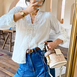 Casual V-Neck Cotton Blouse Single-breasted Carved Flower Embroidery Lace Beach Shirt Bohe Tops Summer New in Woman Clothing