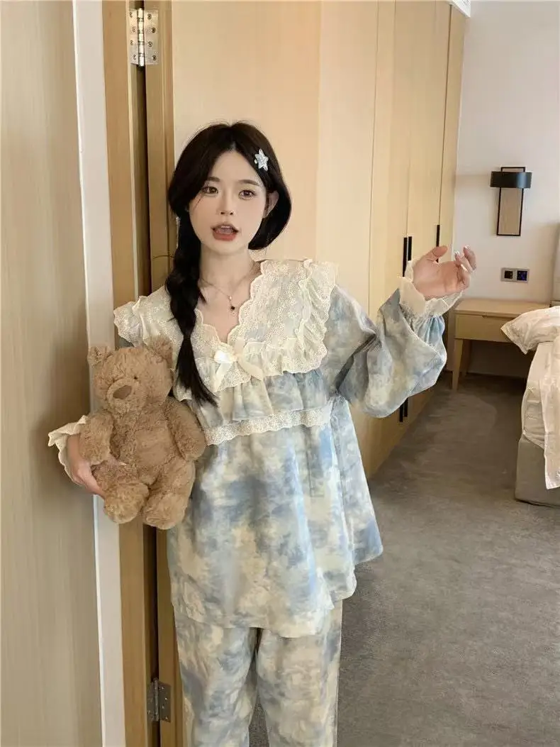 

Женский пижамный комплект с кружевными рюшами и принтом тай-дай 2025 года — топ с длинными рукавами в стиле Лолиты и широкие брюки, домашняя одежда на осень-зиму