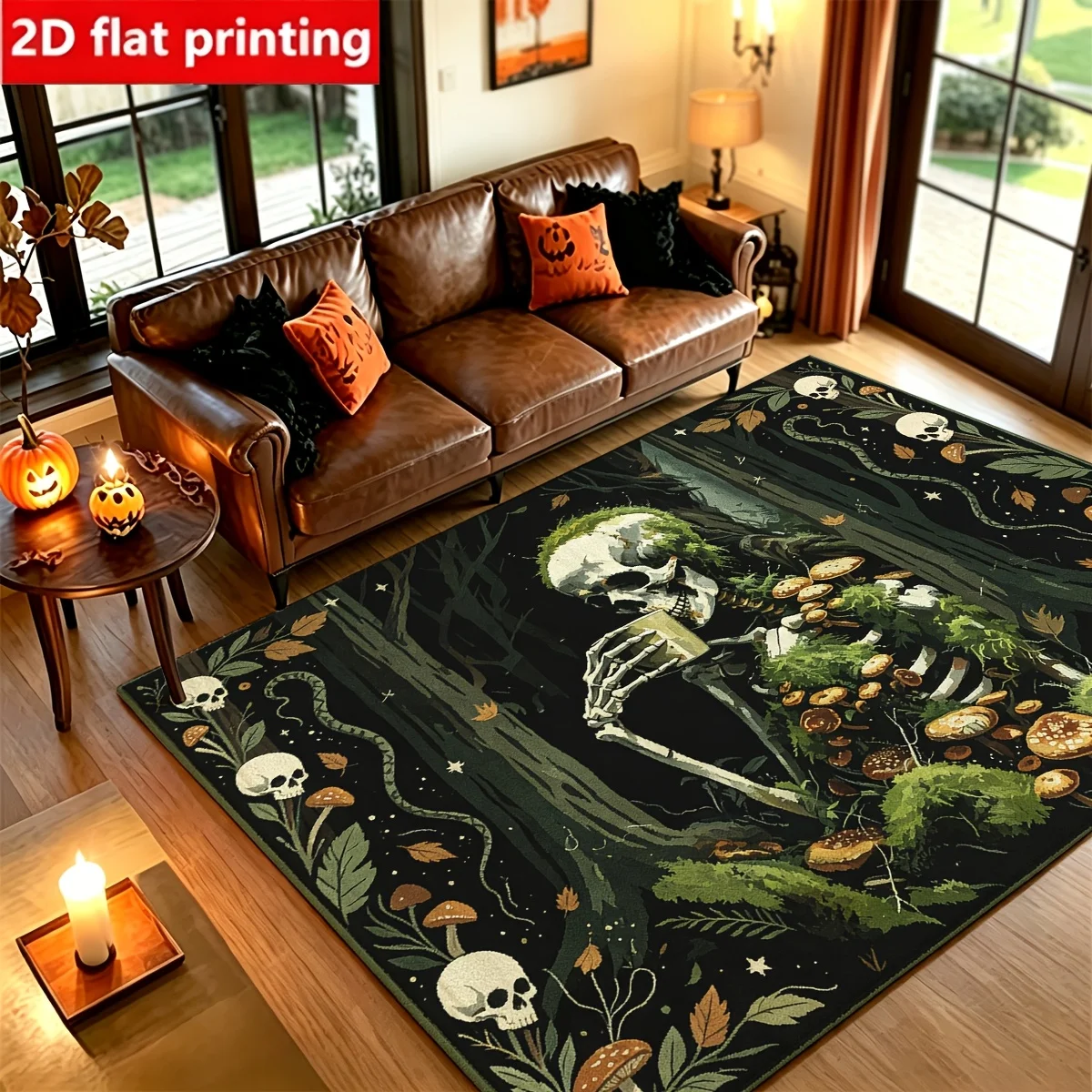 1pc Gothic Forest Skeleton Mushroom Area Rug, 2D Flat Print, Indoor Floor Mat for Living Room, Halloween Home Decor