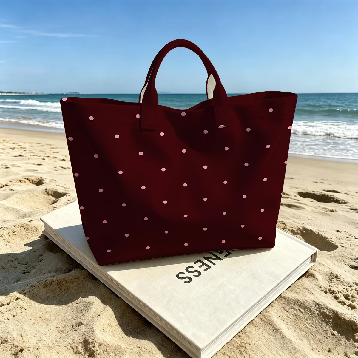 Burgundy Polka Dots Hot Sale Large Glossy PVC Tote Bag Hand Washable Waterproof Great for Travel Commute Makeup Storage Handbags