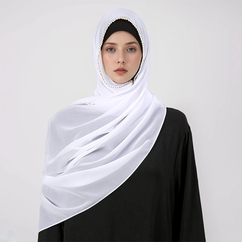 Pearl Chain Edge Chiffon Shawl Elegant Women's Scarf High Quality Shining Bead Headscarf Muslim Headscarf