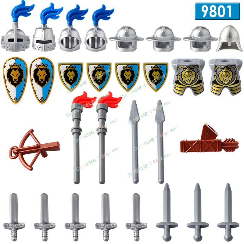 Medieval Knight MOC Army Castle Shadow Blue Lion Red Dragon Building Block Figure Soldier Axe Sword Shield Accessories Boy Toys