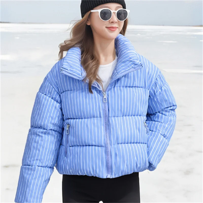 

2025 Fall Fashion Trendy Sexy Women's Blue and White Striped Long-Sleeved Cotton Jacket