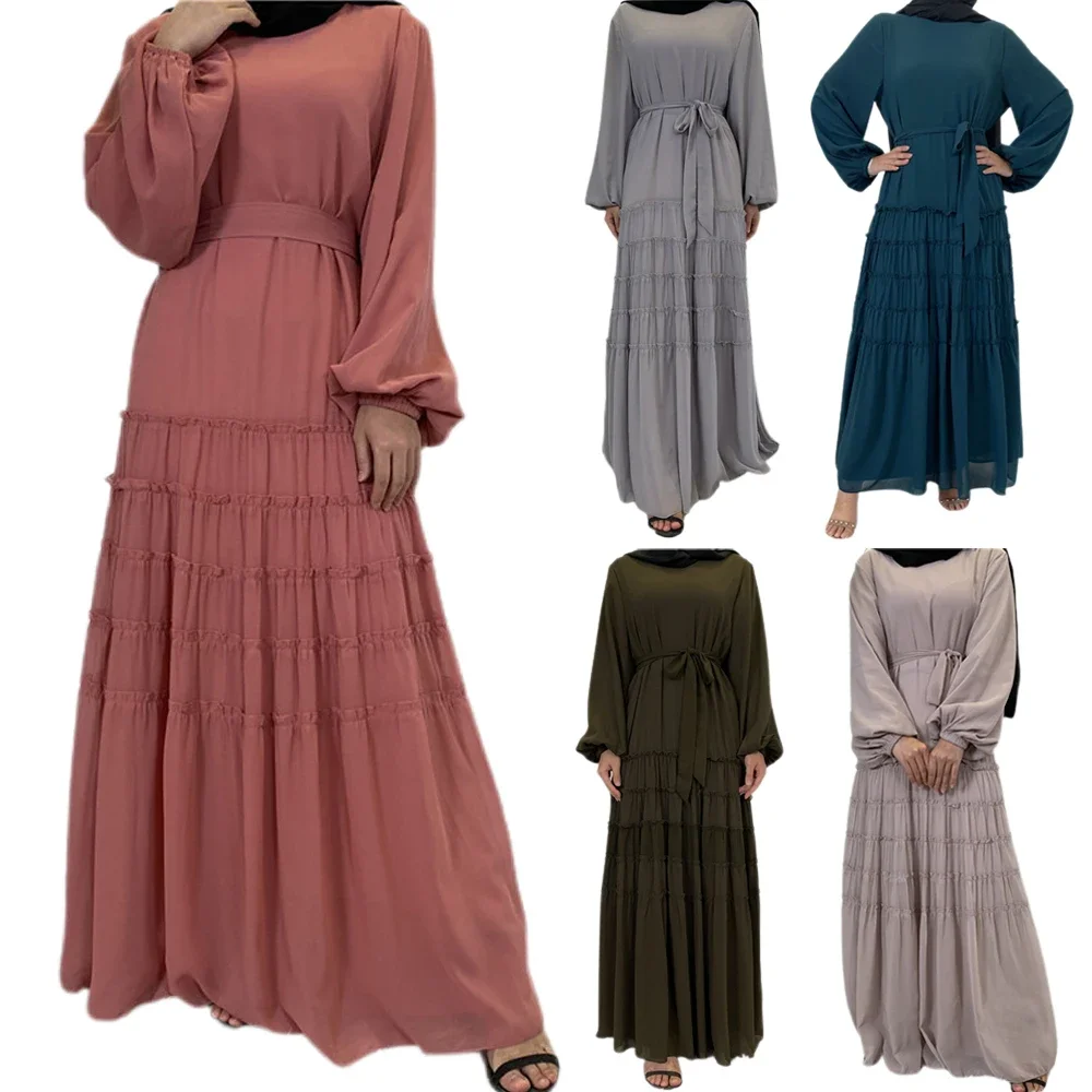 

Abaya Ramadan Muslim Women Solid Long Dress Ruffle Islamic Dubai Arabic Maxi Robe Middle East Ruffle Long Sleeve Spring Fashion