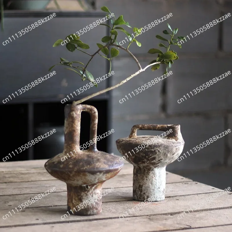 Ceramic Vase Rough Pottery Vase Flower Arrangement Vintage Handmade Wabi-Sabi Style Dried Flowers Zen Arrangement