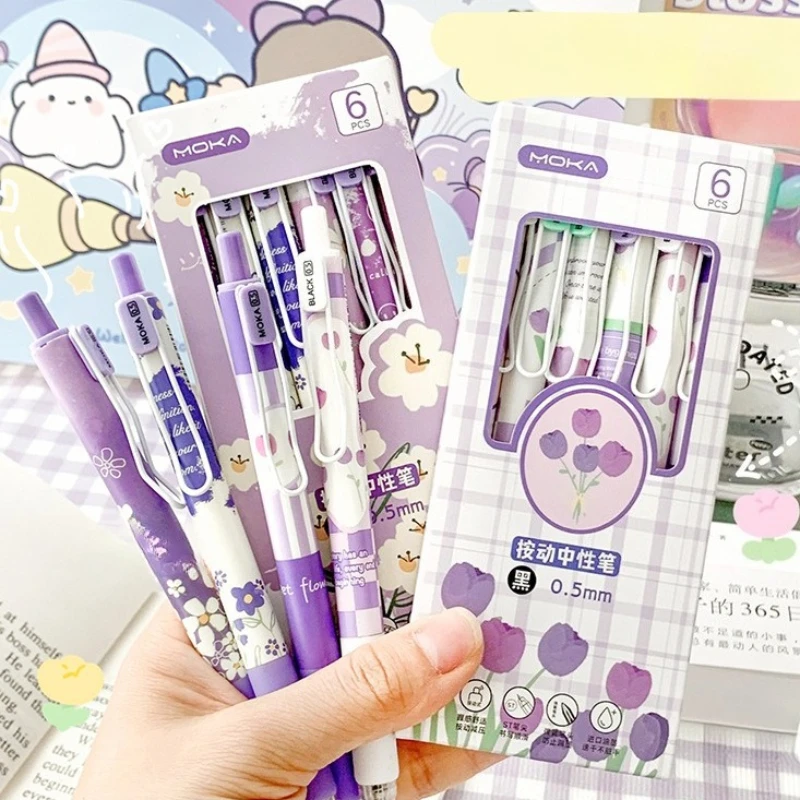 

6pcs/set Aesthetic Flower Pen Ins Style Daisy Tulip 0.5mm ST Tip Smooth Exam Gel Pen for Students Cute Writing Gift 2025