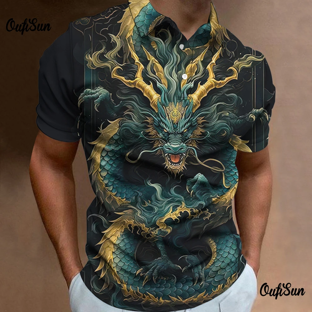 Kaos Polo Fashion pria, kaos 3d hewan naga bunga pria kasual harian lengan pendek longgar ukuran besar