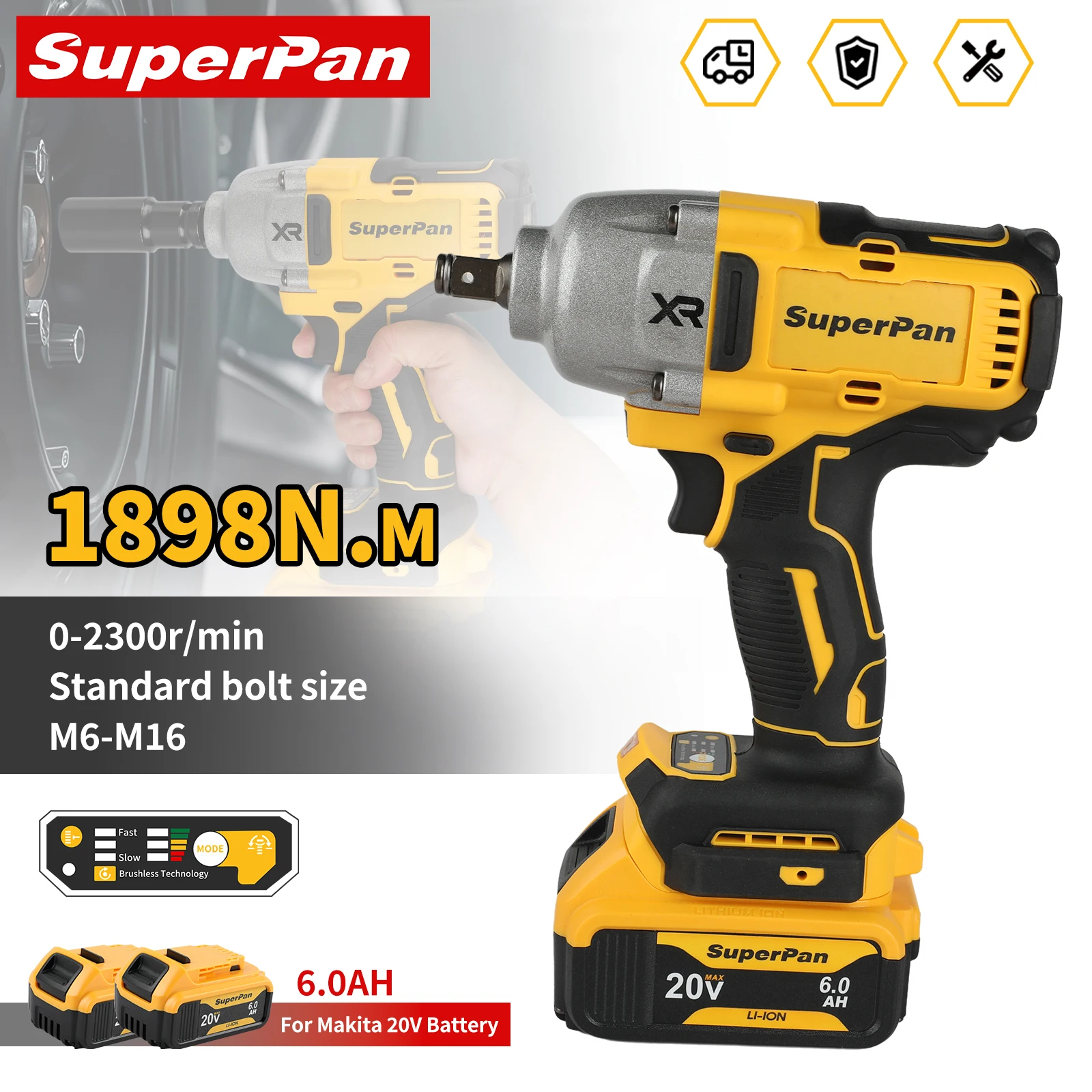 

Superpan DCF900 High Torque Impact Gun, 20V Cordless Brushless Impact Wrench, 1/2 Universal Battery Electric Tool