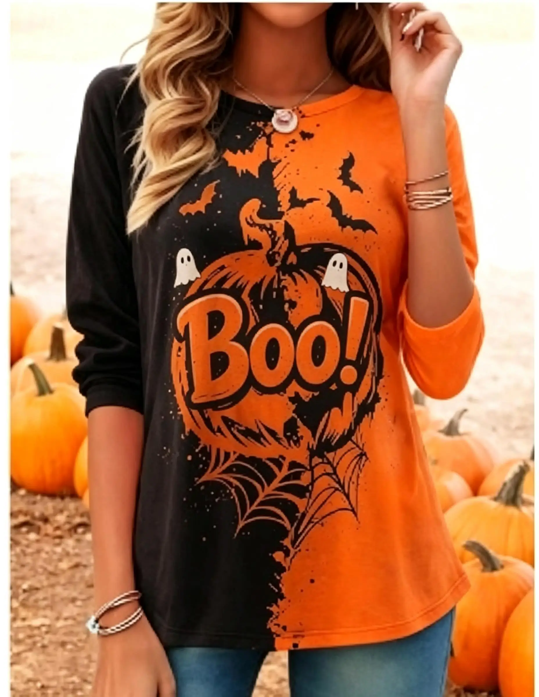 Artistic Retro Hand-Drawn of Fish Print Long Sleeve T-Shirt Round Neck Fresh Individual Top Casual Shopping Outing Wear