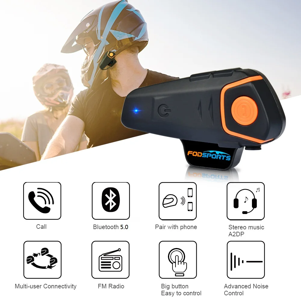 Fodsports BT-S2 Pro intercomunicador del casco de la motocicleta auricular bluetooth inalámbrico impermeable 1000m BT 5.0 Interphone con radio FM,