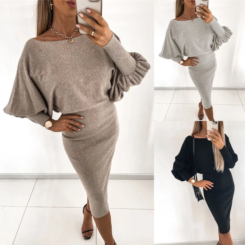 Women Autumn Winter 2024 Knitted Party Midi Dress Solid Office Lady Pullover Bodycon Slim Long Sleeve Sexy Sweater Dress