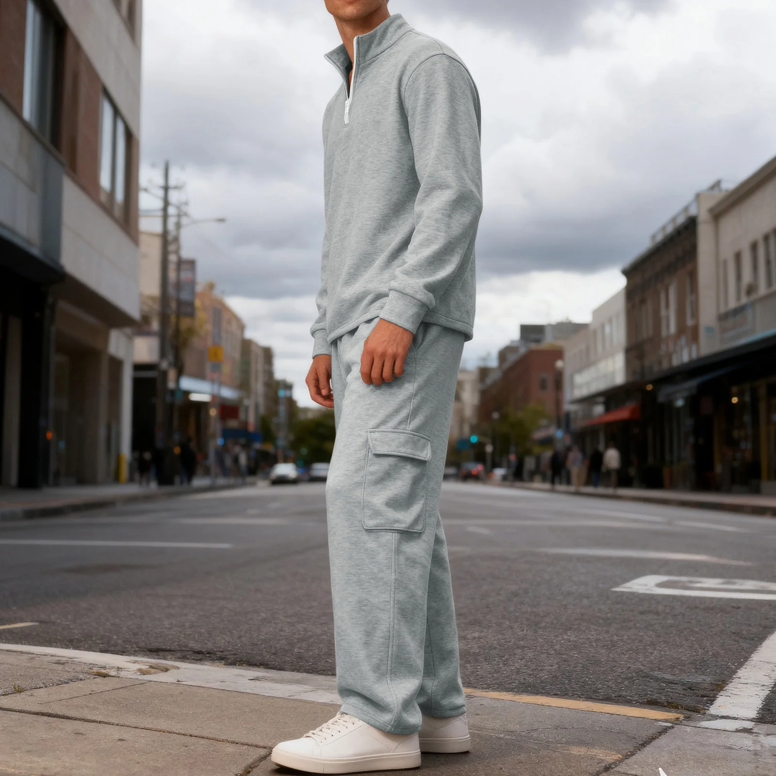 남성 클래식 캐주얼 아웃도어 액티브웨어 세트 솔리드 컬러 쿼터 집업 스탠드 칼라 후디와 엘라스틱 웨이스트 롱 팬츠 2피스 세트