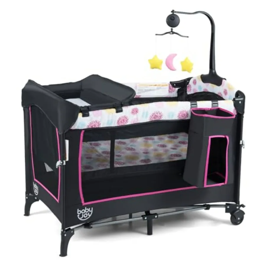 

Многофункциональная детская кроватка-манеж 4-в-1 розового цвета с 3 регулируемыми уровнями высоты, музыкальной колыбелькой, складная прикроватная кроватка с пеленальным столиком