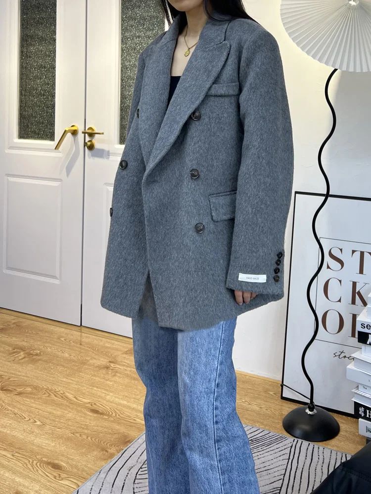 ダブルブレスト長袖ウールコート女性ファッション冬ハイエンド両面100％ウールコートショートソフトラペル