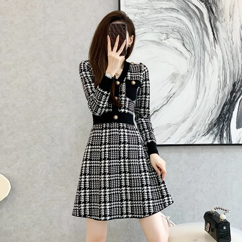 

#1019 Black Red Sweater Dress V-neck Buttons Sexy Office A-line Knitwear A-line Dress Long Sleeve High Waisted Short Dress Women