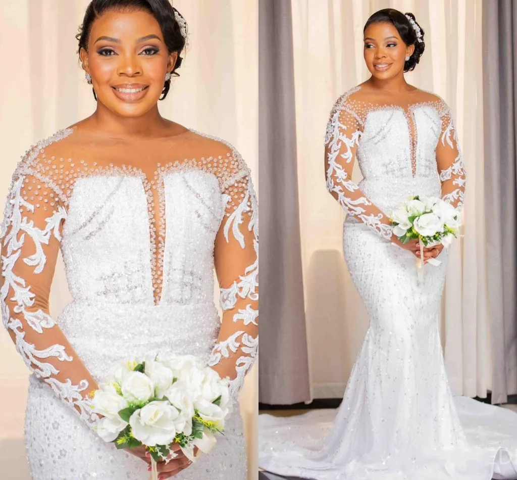 

Gorgeous Mermaid Wedding Dress Sheer Neck Long Sleeves Beaded Pearls Lace Appliques Bridal Bride Gowns Vestidos De Noiva