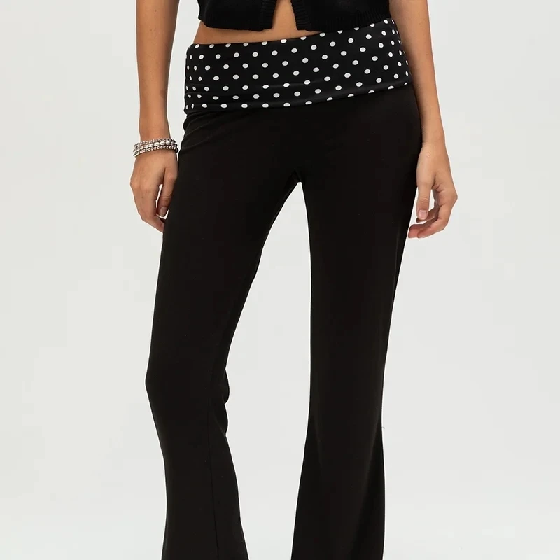 Damen-Leggings mit gepunktetem, umklappbarem Bund, ausgestellte Hose, elastisch, niedrige Taille, weites Bein, Schlaghose, Jogginghose