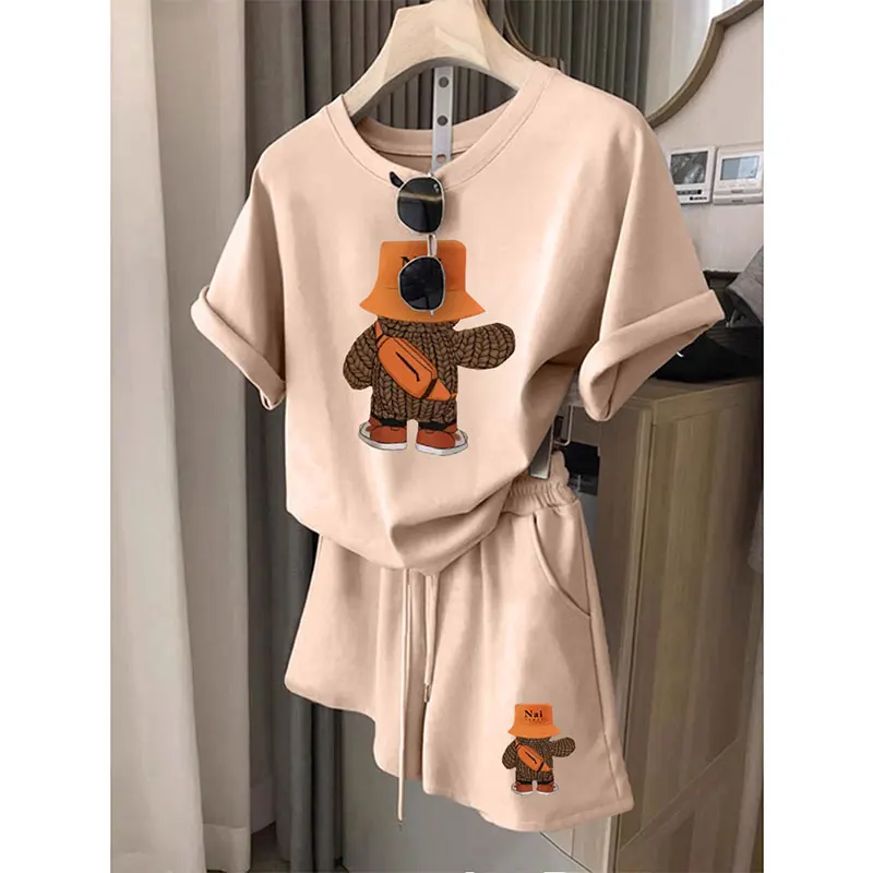 Conjunto de plones cortos de manga corta de aodón informal para mujer, ropa deportiva de dos piezas, cómodo, hoado, c...