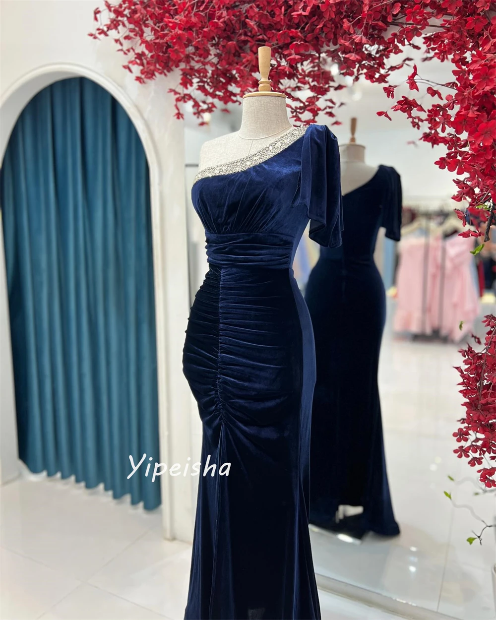 Exquisite Modern Style One-Shoulder A-line Beading Sequined Ruched Floor-Length Velour Evening Dresses