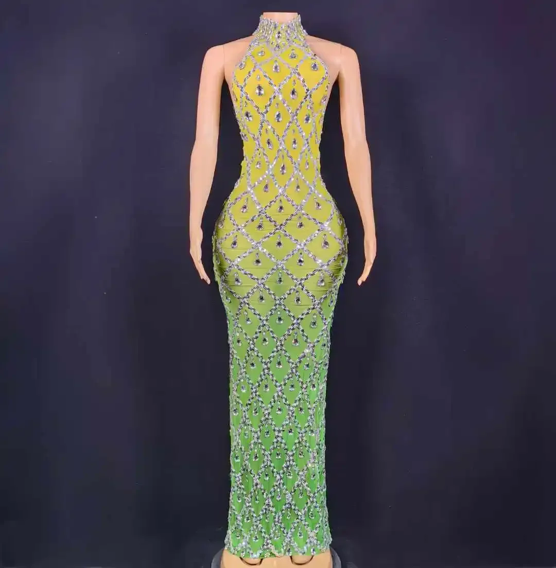 Seksowna długa sukienka bez rękawów dla kobiet, wysoki kołnierz, kryształy, cyrkonie, elastyczna, dla piosenkarki, klubowa, balowa, bogini, błyszcząca, urodzinowa królowa.