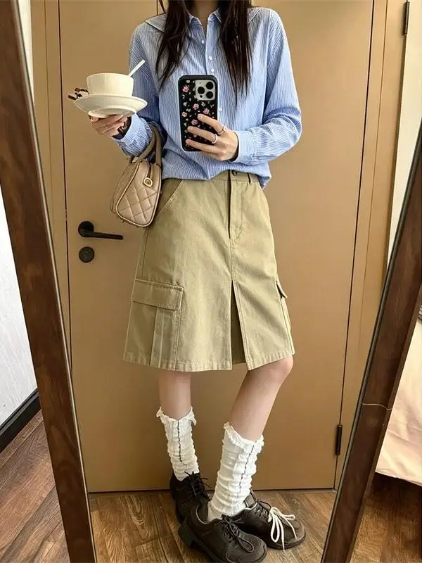 

High Waist A-Line Skirt for Women Summer Thin Pocket Design Casual Style Thinming Kaki Color Split Half-length Skirt