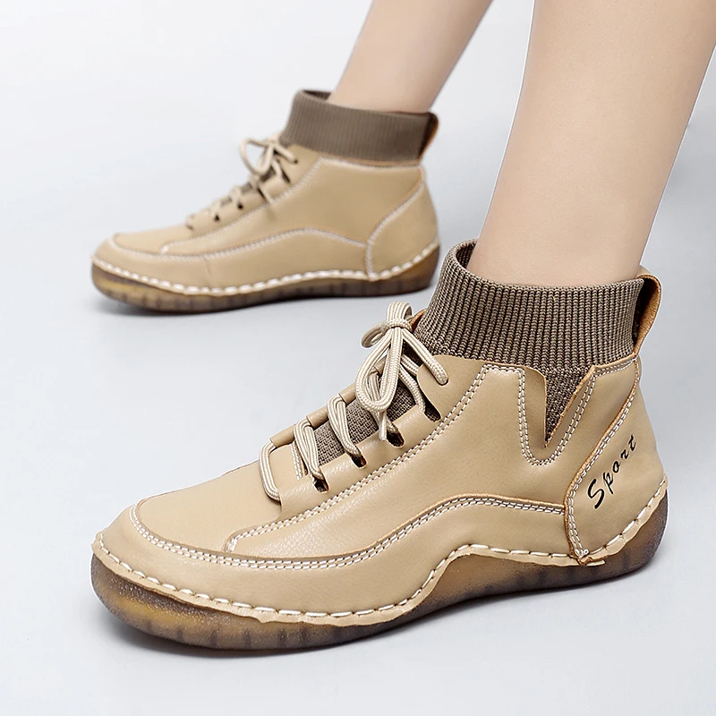 

Новые женские ботинки, женские ботильоны в британском стиле в стиле ретро, модная повседневная обувь на плоской подошве со средним верхом, кожаная женская обувь ручной работы