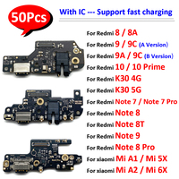 50Pcs，USB Charging Socket Port Connector Board Flex For Xiaomi Mi A1 A2 Redmi 10 Prime 10C 8 8A 9A 9 9C K30 5G 4G Note 7 Pro 8T