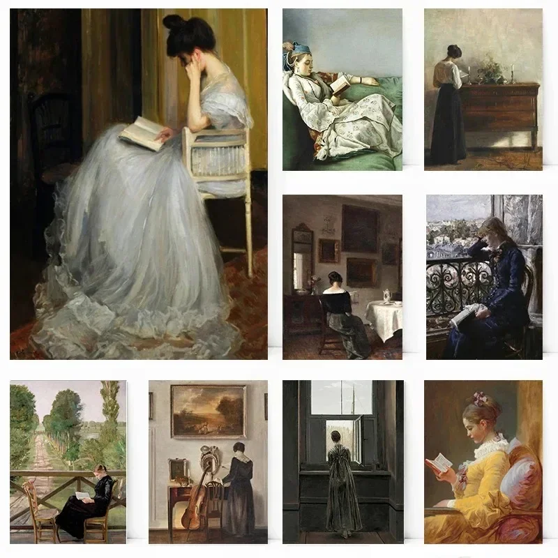Vintage Frauenporträt Rustikale Lesescene Innenraum Poster Druck Wandkunst Bilder Leinwandgemälde Wohnzimmer Heimdekoration