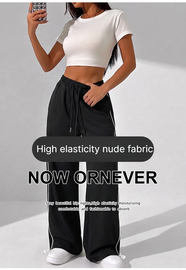 Damen-Sporthose mit weitem Bein, doppelseitigen Streifen und Kordelzug, lockere Hose für Fitness, Laufen, Freizeit, hohe Dehnbarkeit, sportliche Hose – Detail 3
