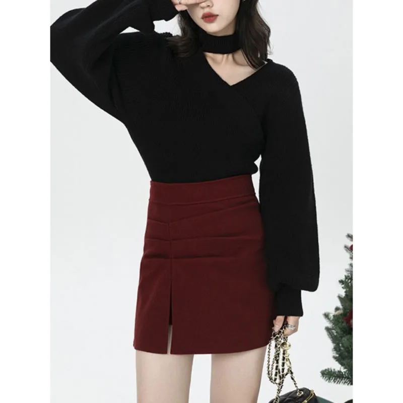 

Autumn Women Sweater Halter Neck Design Hollow Out Solid Color Long Sleeve Slim Bottoming Knitted Tops