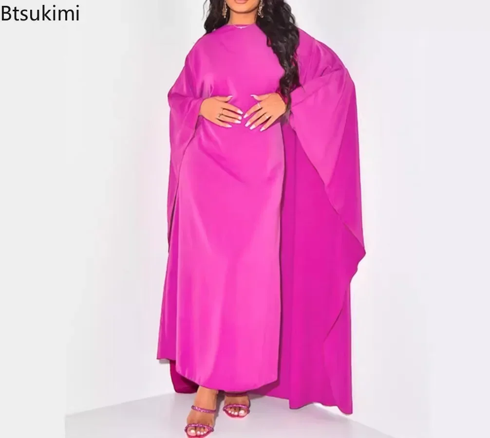 Herbst Mode Satin Party Kleid Robe Abaya Muslimischen Kleid Frauen Elegante Temperament Solide Rundhals Fledermaus Ärmeln Lose Maxi Kleid