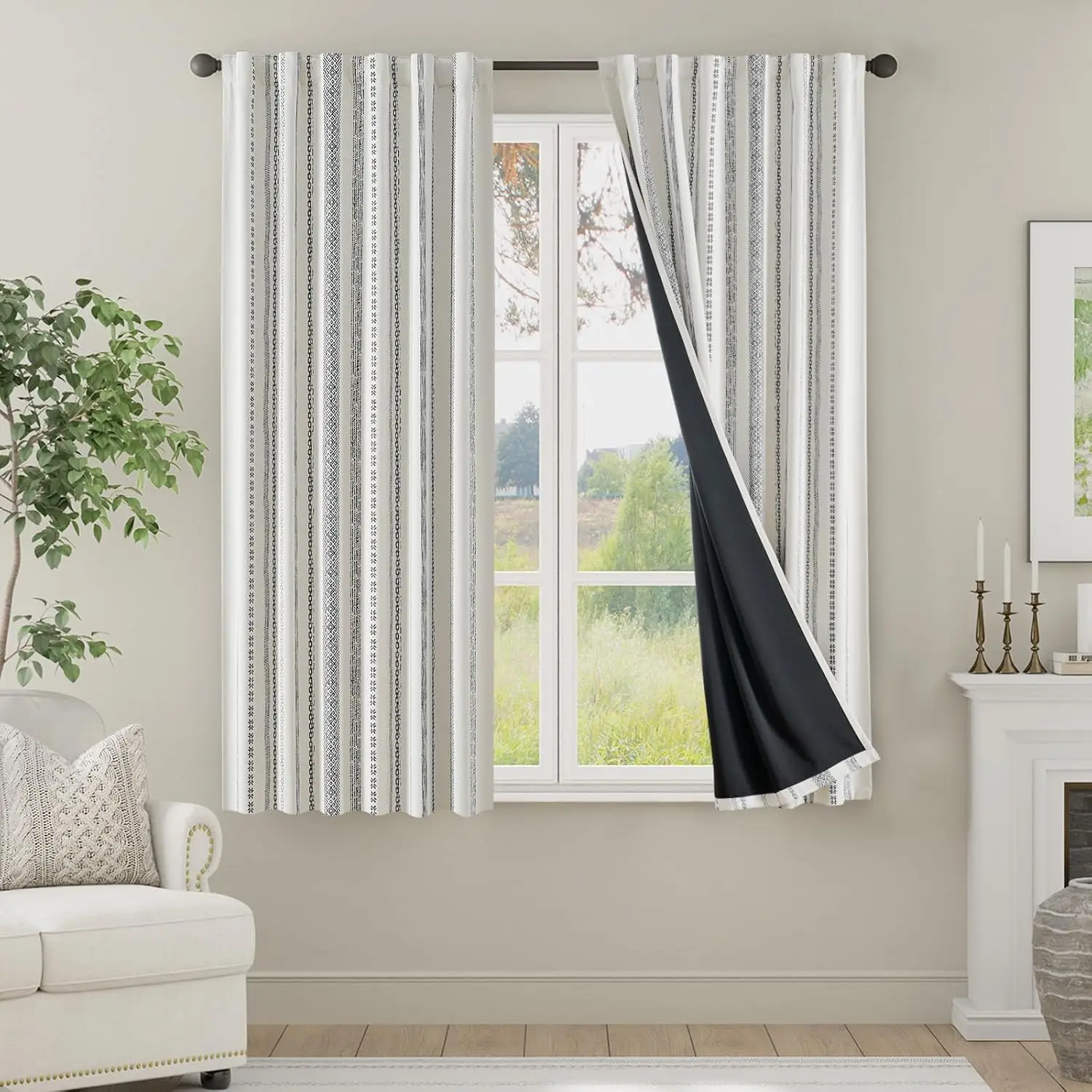 

100% Blackout Curtains 63 Inches Long for Bedroom, Boho Insulated Curtains Black Printed on Beige Geometric Drapes Back