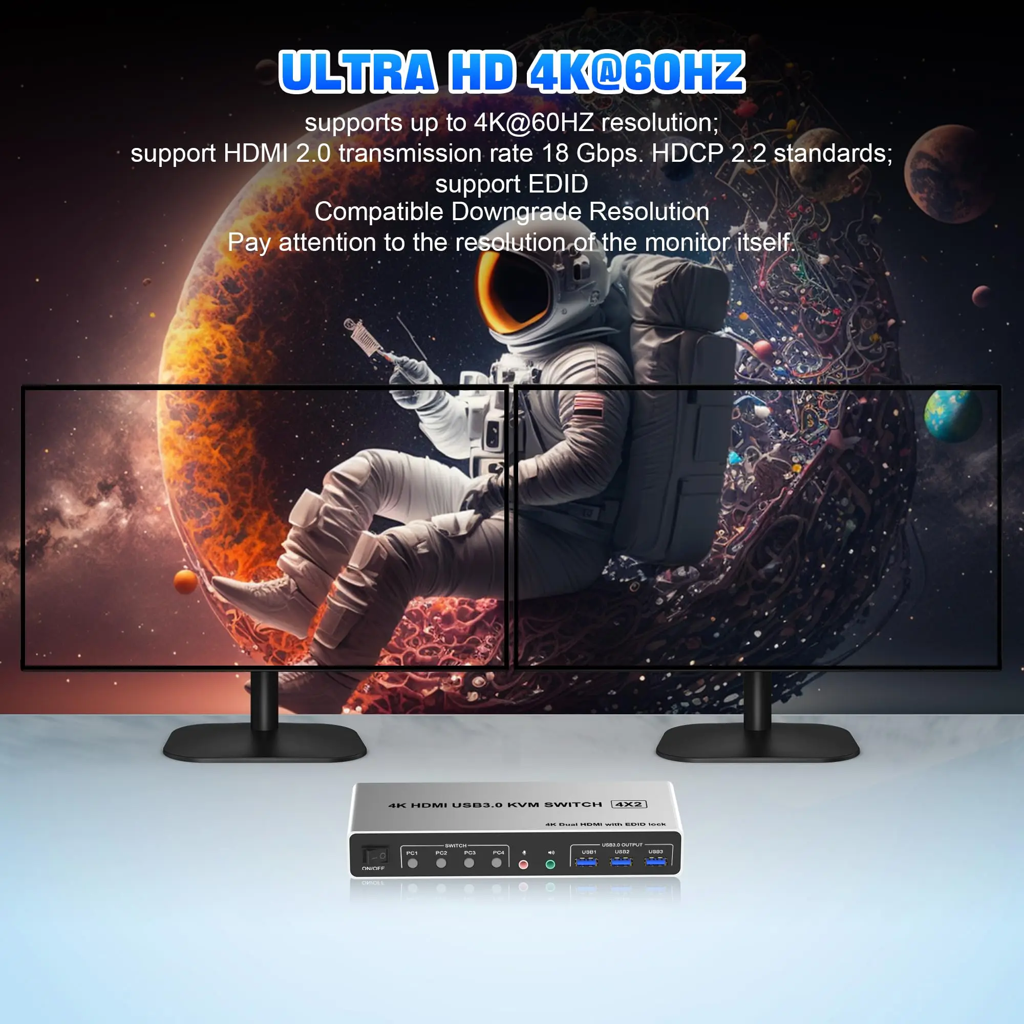 USB 3.0 KVM Switch Dual Monitor4K@60Hz/8K@60Hz,4 Port HDMI KVM Switch 2 Monitors for 4 Computers 3/4 USB 3.0 Ports,Supports EDID