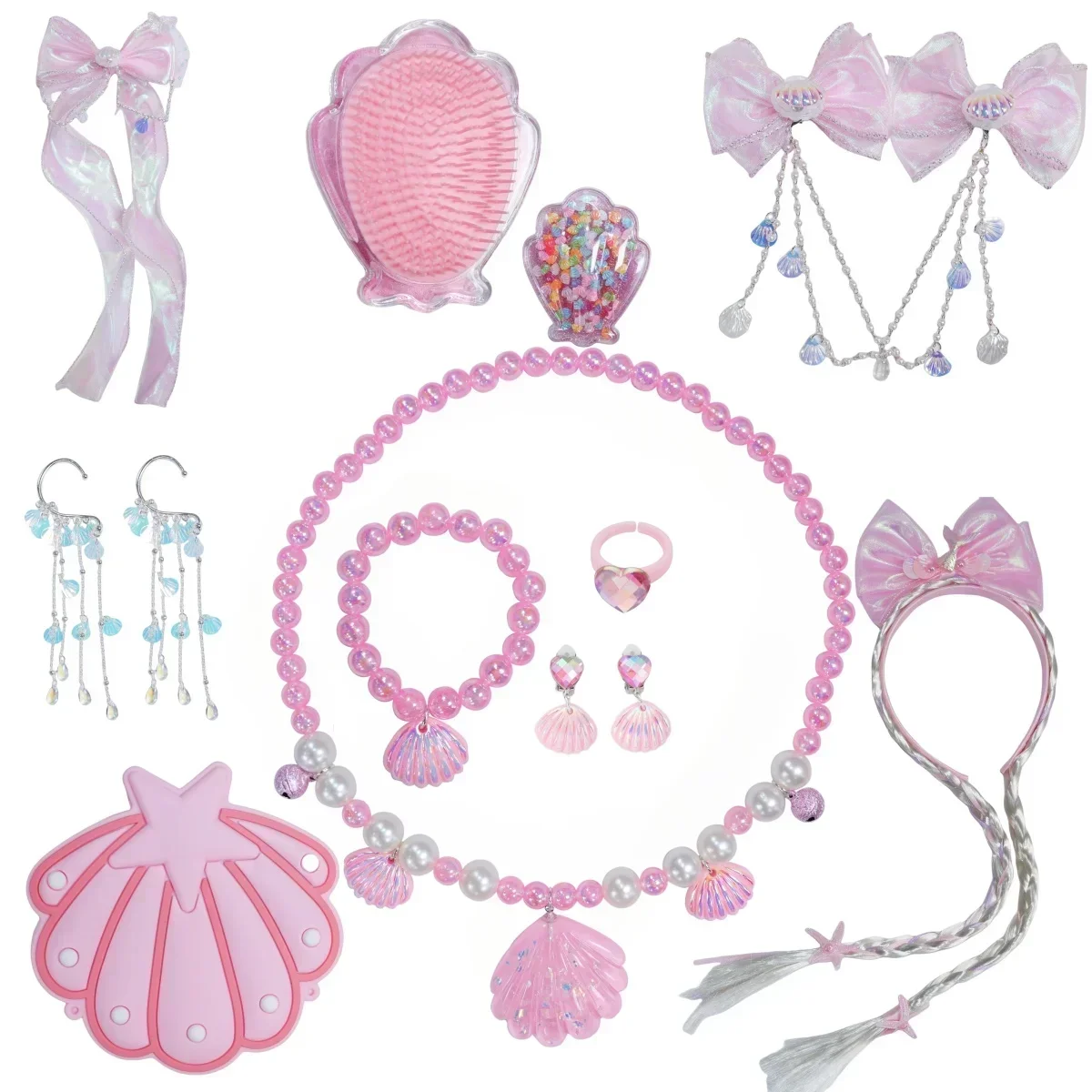 

12Pcs Girls Princess Jewelry Set Pink Necklace Bracelet Ring Earrings Hair Clips Hairband Bag for Kids Party Gifts New