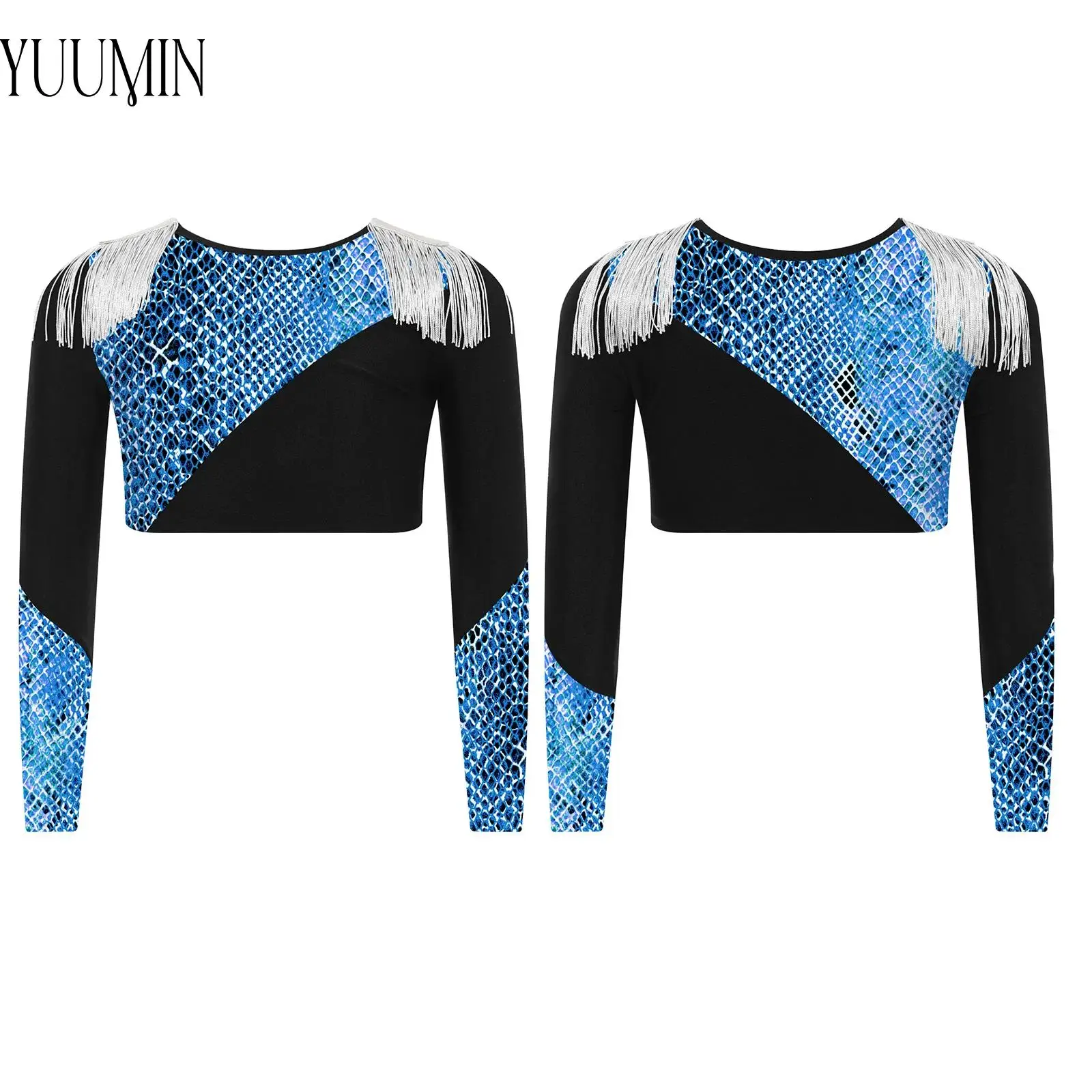 

Girls Jazz Cheerleading Dancing Performance Costume Long Sleeves Contrast Color Printed Tassels Metallic Shoulder Board Crop Top