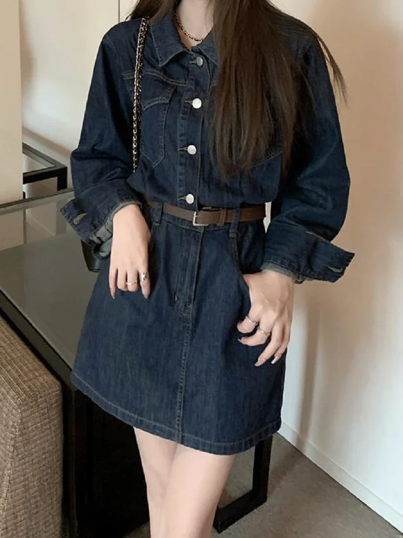 

Vintage Women Denim Dress Dark Blue Long Sleeved Turn Down Collar Mini Dresses Spring Summer Female Shirt Dress