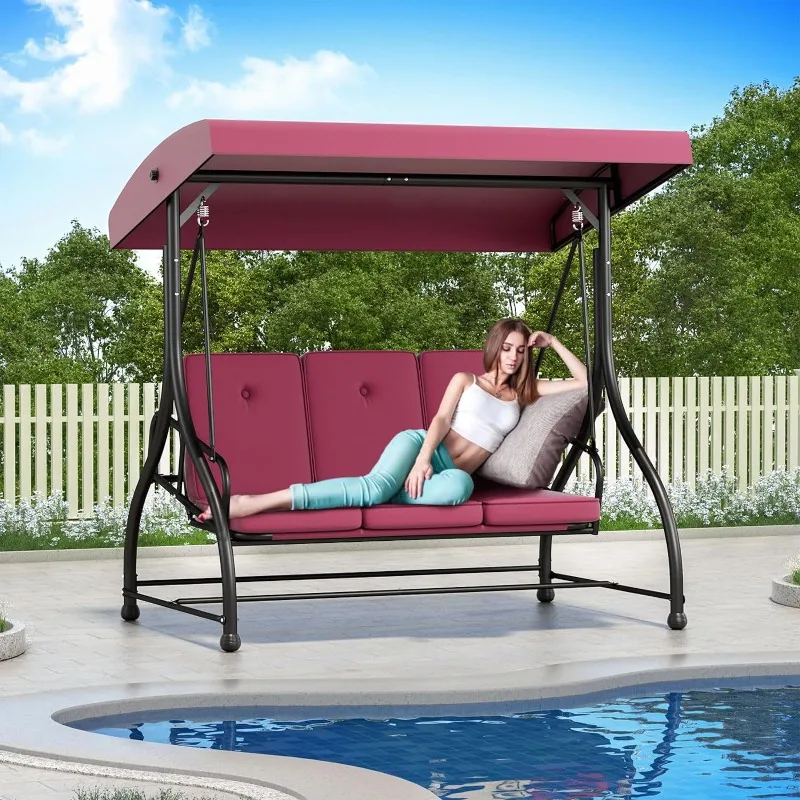 3-Seat Outdoor Patio Swing Chair with Adjustable Canopy Removable Cushion - Heavy Duty Porch Swing Glider for Outdoor Patio