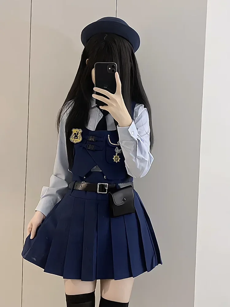 Summer Academy Style JK Uniform Skirts Set Bubble Sleeve Shirt+Vest Cardigan+Pleated Skirt Spicy Girl Three Piece Set Women