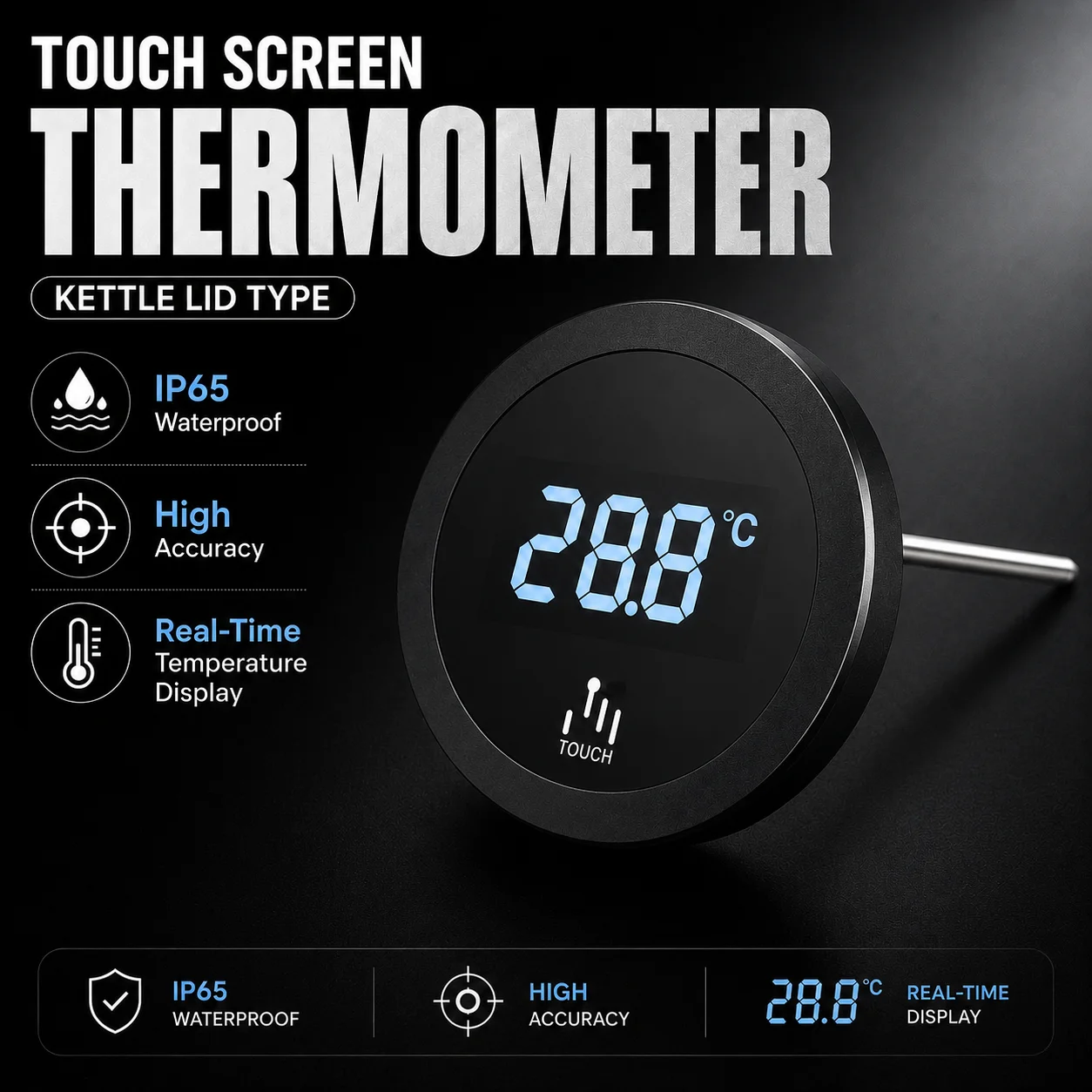 IP65 Waterproof Digital Kettle Lid Thermometer Touch Screen LCD with 115mm Stainless Steel Probe for Coffee Tea Milk Water