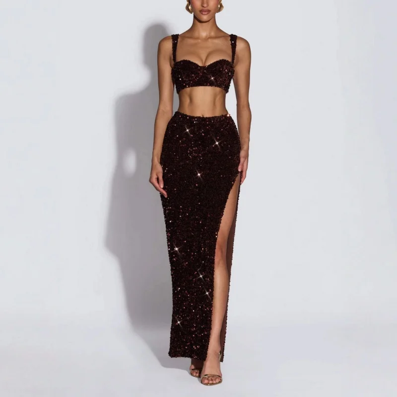 

Burgundy Sequin Two-Piece Evening Dress with High Slit Lace-Up Back Elegant Sparkly Prom Gown for Special Occasions