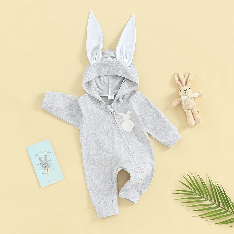 

Baby Boy Easter Hood Jumpsuit Outfit Infant Bodysuit Bunny Print Long Sleeve Front Zipper Romper with Bunny Ear