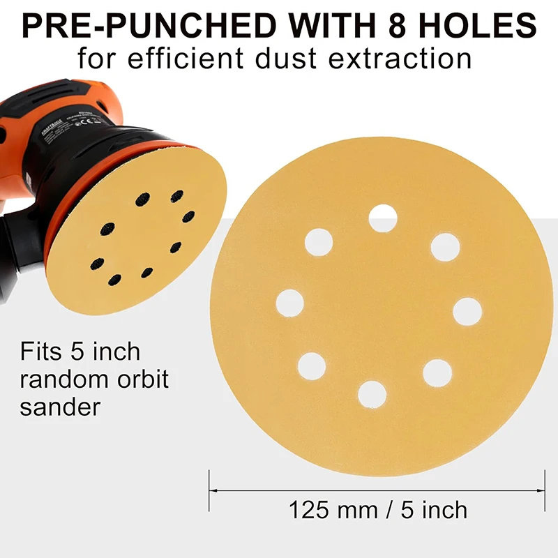 10Pcs 5 Inch 8 Hole Yellow Sanding Disc with Hook Loop Sandpaper 40-800 Grits Grinding Disc Abrasive Tools Dremel Accessories