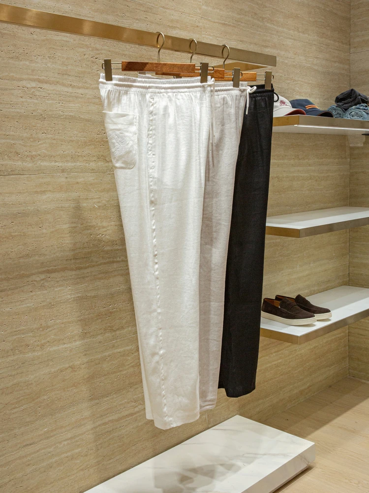 Italian Vintage Style Lightweight Natural Breathable Linen Mix Casual Pants Elastic Waist Men's Summer Loose Fit Trousers