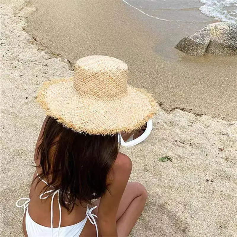 Fashion Handmade 100%natural Raffia Dame Top Big Brim Straw Hat Beach Girl Holiday Panama Sunscreen Breathable Sun Hat Wholesale