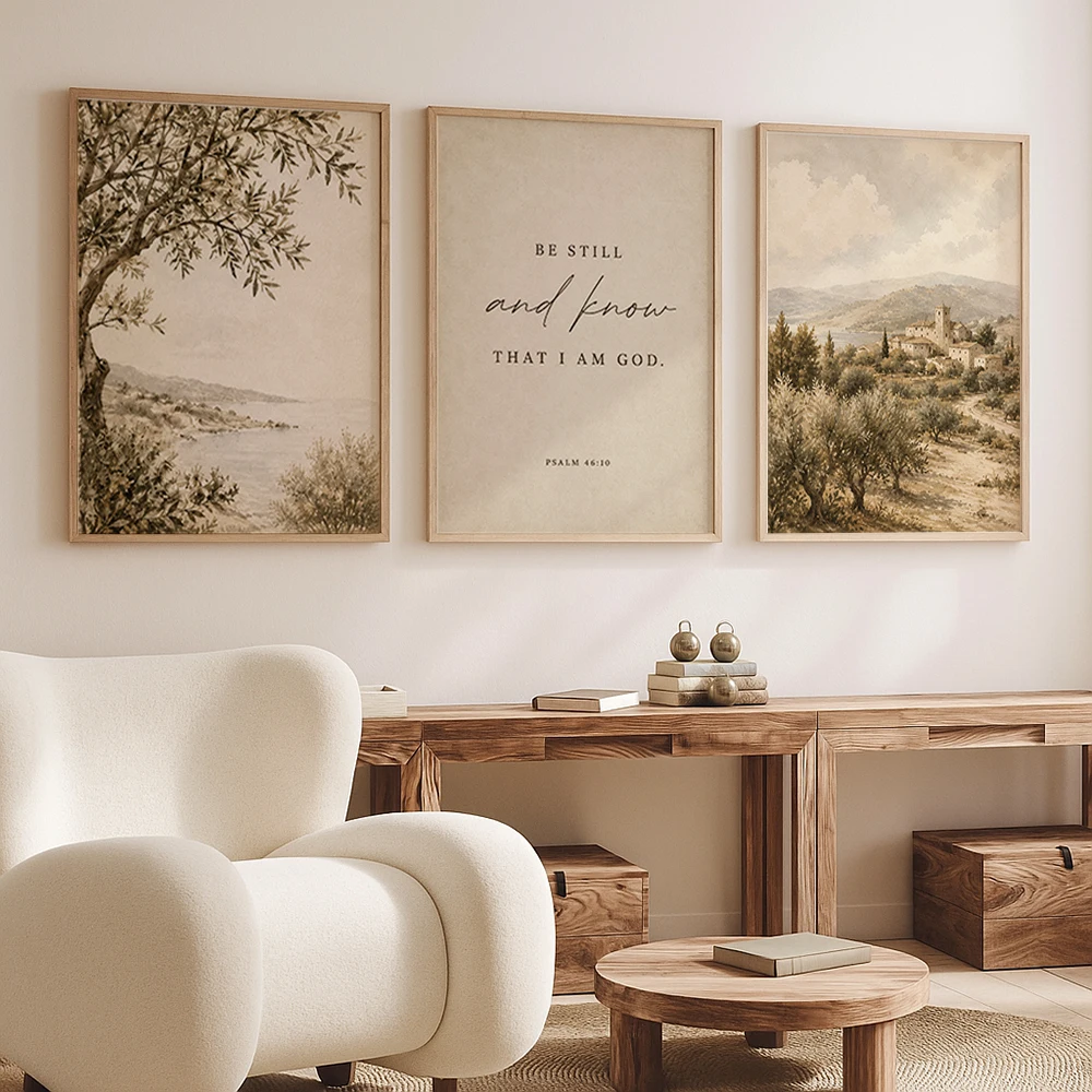 Set of 3 Christian Wall Art Canvas Prints Be Still and Know Scripture Landscape Poster Neutral Farmhouse Decor Modern Home
