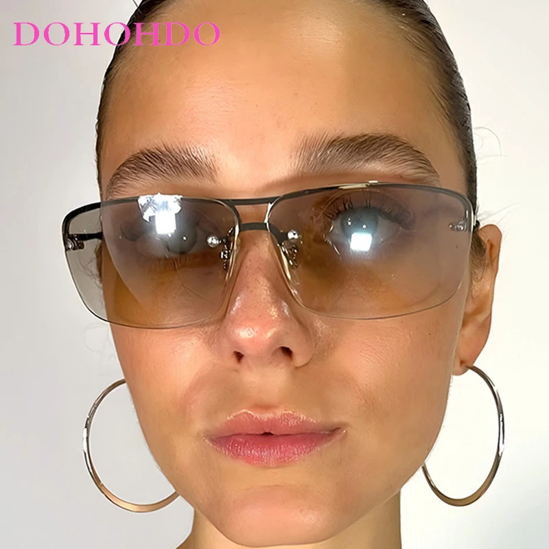 

Fashion Double Bridge Punk Y2K Oval Metal Rimless Women Sunglasses Luxury Men Sunglass Outdoor Drive Travel Shade Goggles UV400