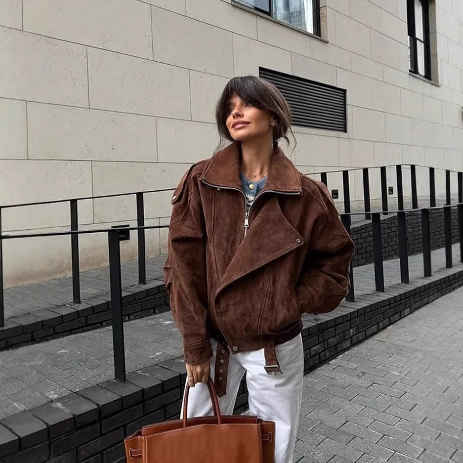 

Women's Short Brown Jacket Vintage Style Female Outerwear Full Sleeve Belt Loose Lapel Zippers Pockets Top Women Coat